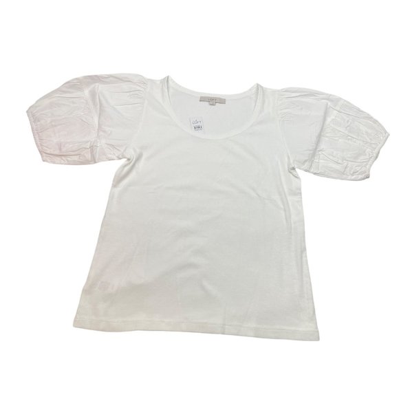 LOFT Women Puff Sleeve Mixed Media Top Large - Picture 2 of 15